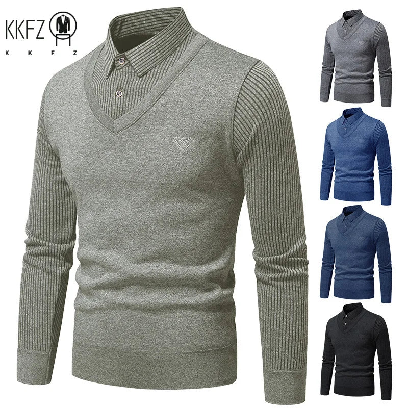 All Season Male Fake Two Piece Long Sleeve Top V Neck Fake Waistcoat Stripe Detail Lapel Collar Embroidered Decor