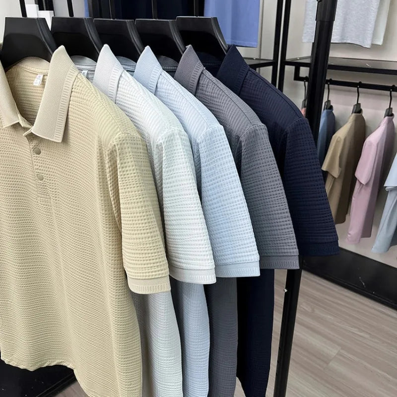 2026 Men's Waffle Knit Polo Shirt - 3D Textured Lapel, Quick Dry & Stretchy, Business Casual Style