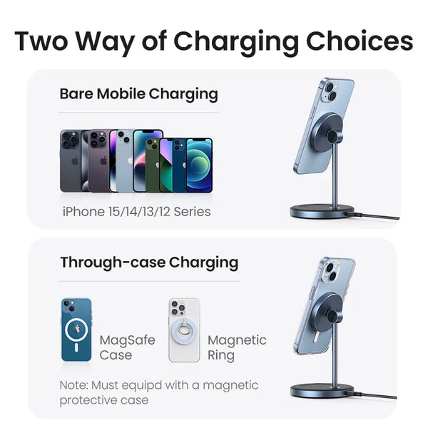 ជើងទ្រឆ្នាំងសាកឥតខ្សែ UGREEN Qi Magnetic Wireless Charger Stand សម្រាប់ iPhone 16 15 Pro Max/AirPods Fast Charger MagSafe Charging