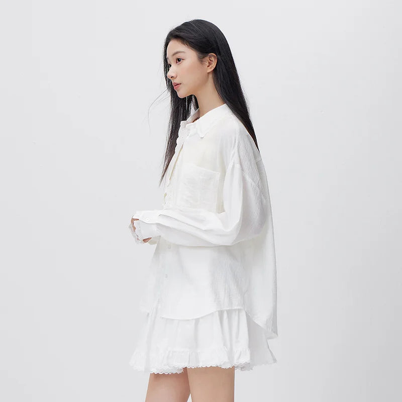 Semir Relaxed Shirt Women 2026 Spring Mid Length Linen Like Texture Oversize Lace Casual Comfortable Daily Wear Blouse