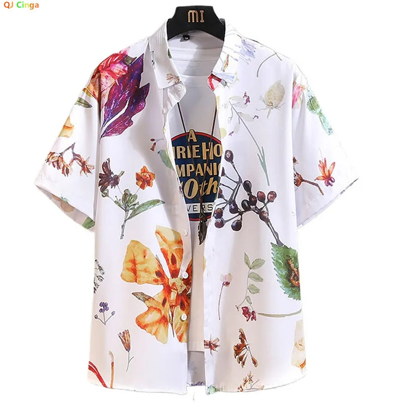 2026 Summer Men's White Short Sleeve Printed Shirt, Beach Vacation Shirts, White Black Gray Green Blue Loose Top, 2025 New