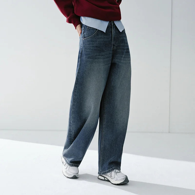 Semir Vintage Jeans Women 2026 Spring Distressed Loose Curved Blade Lyocell Blend Casual Retro Long Trousers