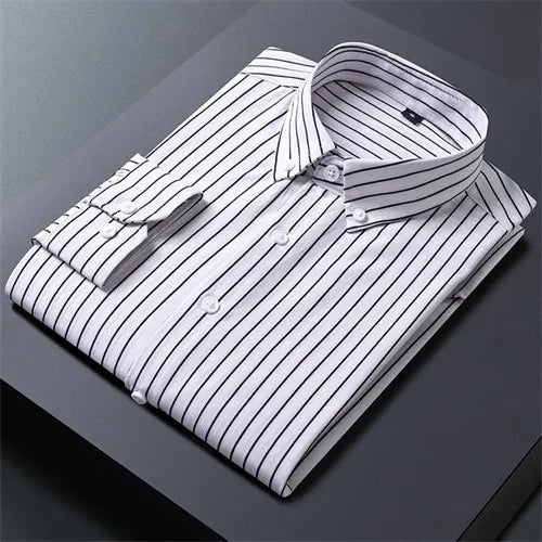 Black Striped Long Sleeve Shirt, Men's Single Breasted Shirts, with Square Collar Yellow Brown Camisas Para Hombre M-5XL