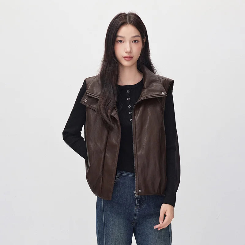 Semir Women Padded Vest Faux Leather Stand Collar Loose Fit Balloon Shape Street Style 2026 New Winter Daily Wear
