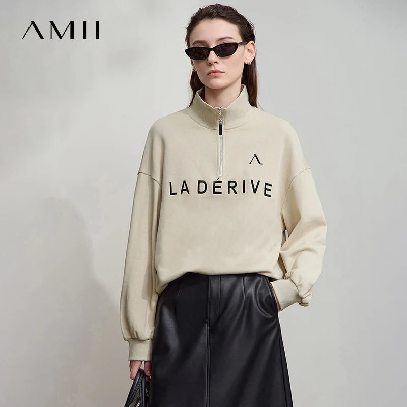 AMII Sweatshirts for Woman 2026 Autumn New Long Sleeve Tops Casual Knit Cotton Turtleneck Embroidered Woman Sweatshirts 12523031