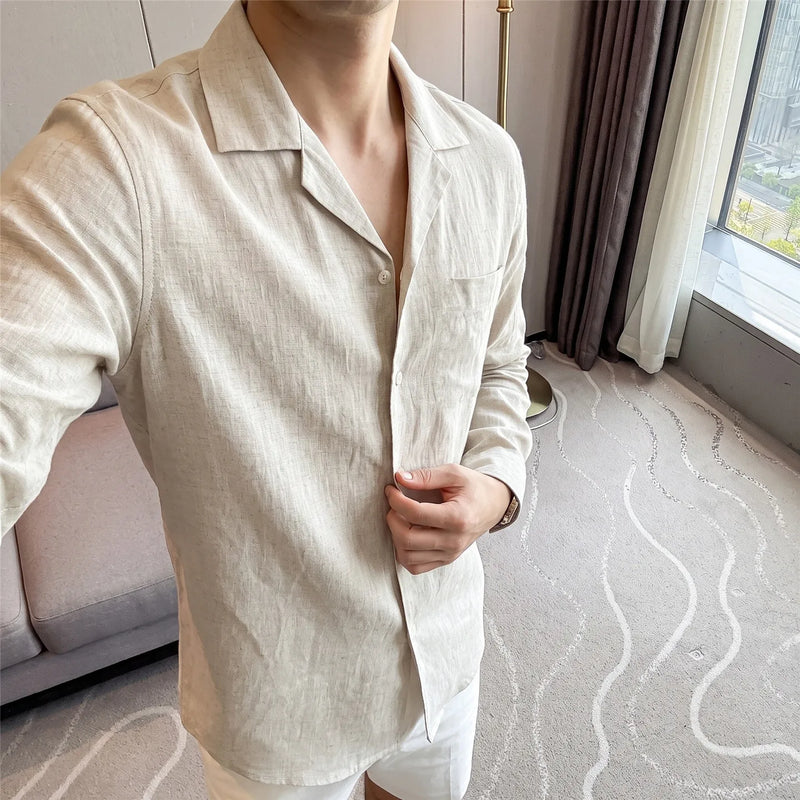 Men's 100% Linen Long Sleeve Shirt – Premium Cuban Collar, Lightweight & Breathable