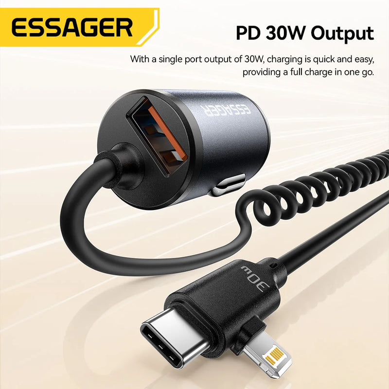 ឆ្នាំងសាករថយន្ត Essager 30W 2 ក្នុង 1 Spring Cable រន្ធ USB-A និង USB-C/Lighting សាកលឿនសម្រាប់ iPhone 17 16 15 14 13 12 Samsung