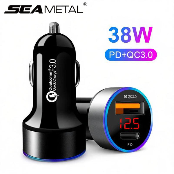 SEAMETAL USB C Car Charger 20W 2 Ports PD2.0 QC3.0 Digital Display Car Phone Charger For iPhone Samsung Quick Charging Adapter