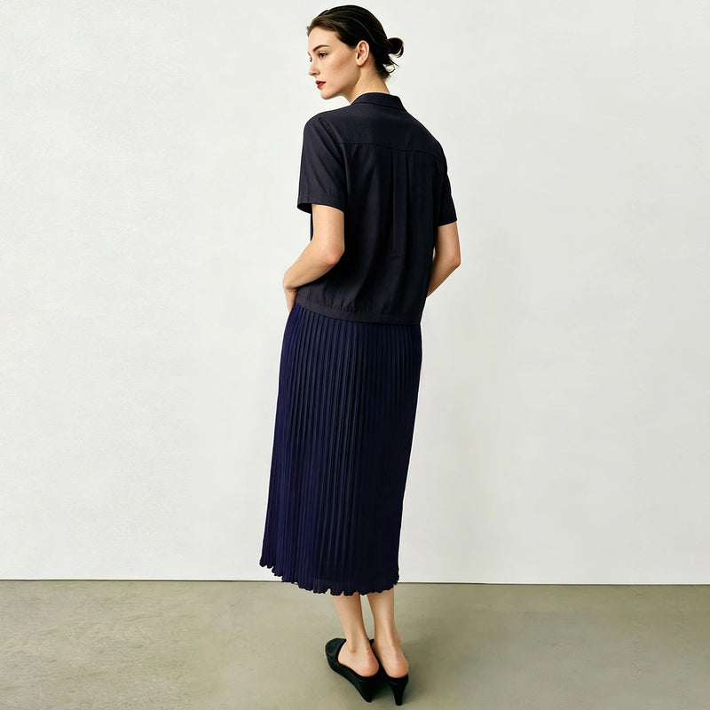 Amii Women's Dress 2026 Summer New Lapel Collar Half Placket Casual Short Sleeve Patchwork Shirred Midi Dress for Women 12652064