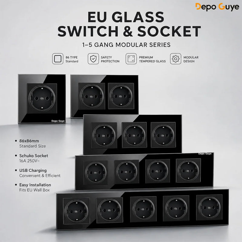 European Standard 4 Gang Wall Power Socket 16A Glass Panel with Dual USB Type-C Ports White/Black Industrial Home Hotel
