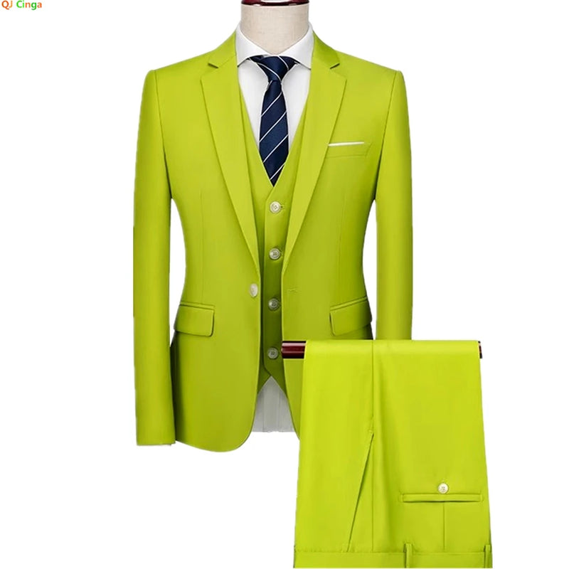 2026 Men's Grass Green Suit Three-Piece, Wedding,Party,Business,Interview Menswear,Red,Black,Blue,Purple,Yellow Asian Size Sets