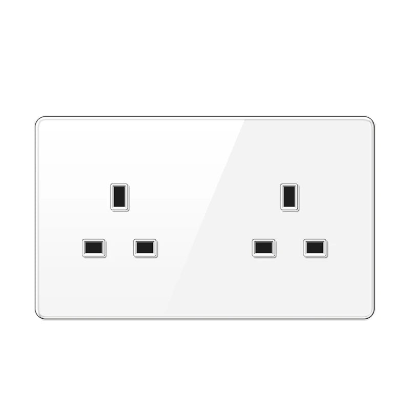 UK 13A Wall Tempered glass Socket Plug,British Standard Double 13A Wall Electrical Power Outlet Panel Black/White/Gray/Glod