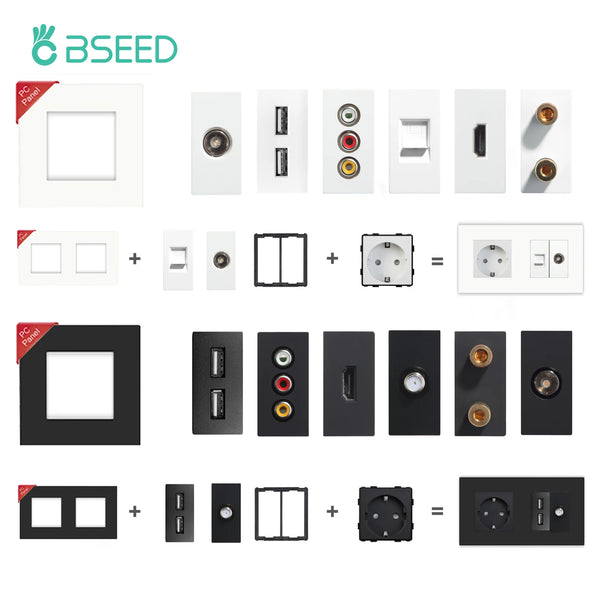 រន្ធដោតអ៊ីនធឺណិតជញ្ជាំង BSEED Cat5 ស៊ុមប្លាស្ទិក គ្រឿងបន្លាស់រន្ធសាក USB ទូរទស្សន៍ ចំណុចប្រទាក់ផ្កាយរណប មុខងារ DIY រួមបញ្ចូលគ្នា