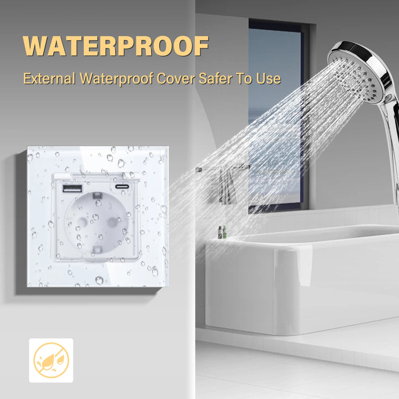 BSEED EU Standard Single Power Socket With Waterproof Cover Double USB Type-C Outlets Triple Plugs 16A Glass Panel 110-250V