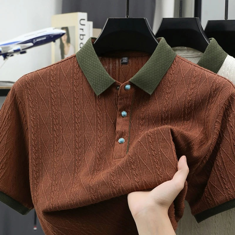Men's Cable Knit Polo Shirt, Ultra-Soft Cotton Feel Fabric, Business Casual Short Sleeve Shirt with Ribbed Collar