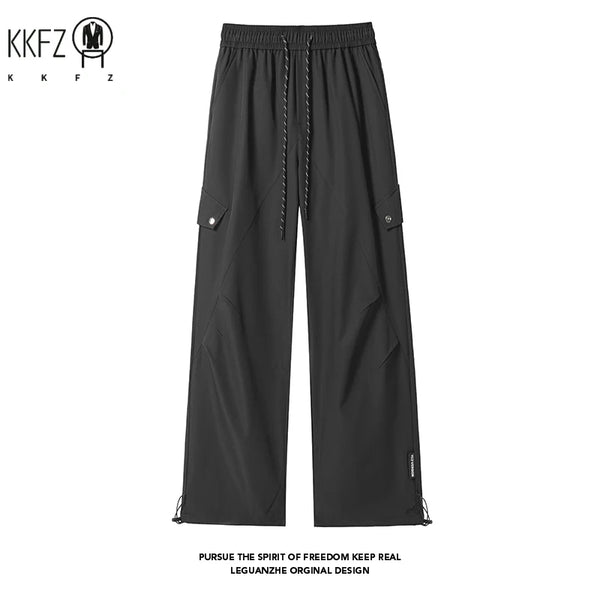 Mens Lightweight Wide Leg Cargo Trousers Drawstring Elastic Waist Multi Pockets For Hiking Travel Urban Casual Outfits