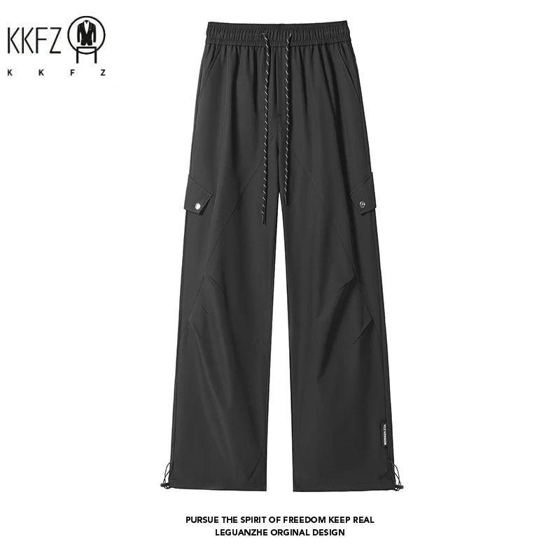 Mens Lightweight Wide Leg Cargo Trousers Drawstring Elastic Waist Multi Pockets For Hiking Travel Urban Casual Outfits