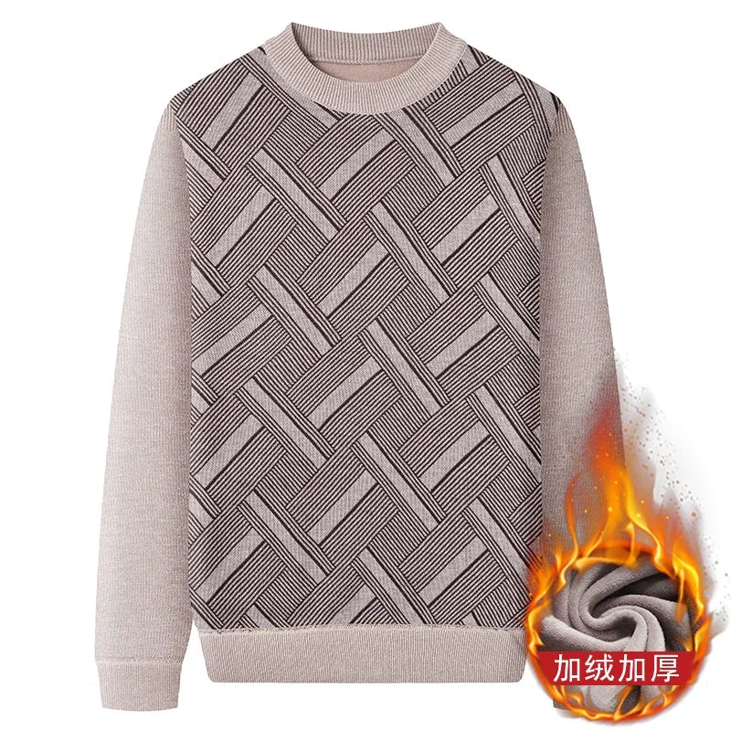 Street Style Male Knit Sweater Geometric Interlaced Stripe Pattern Comfortable Crew Neck Daily Outing Long Sleeve Top