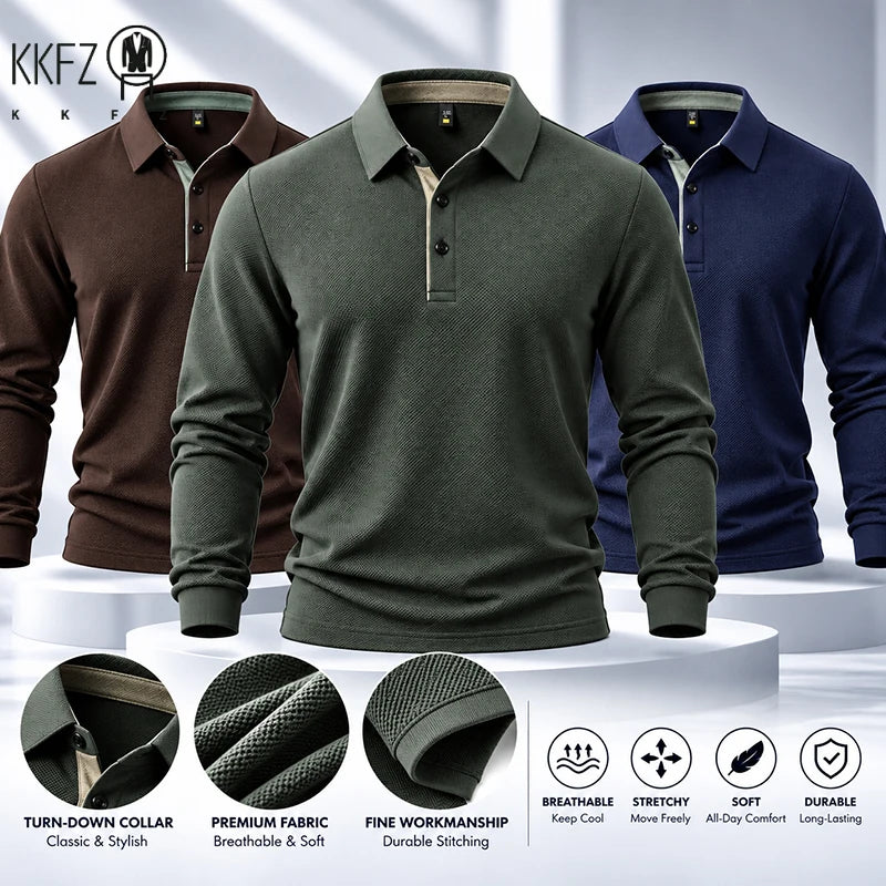 Premium Fabric Mens Polo Long Sleeve Shirt Fine Workmanship Turn Down Collar Top For Weekend Outdoor Scenes