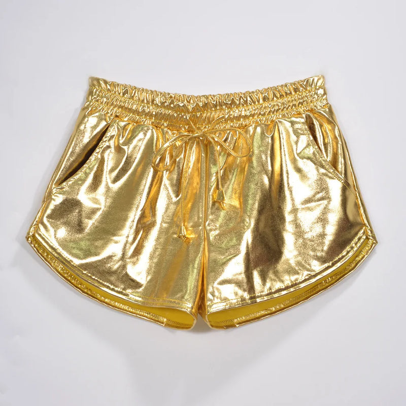 2026 Spring New Women's Silver Elastic Drawstring PU Shorts Stylish and Sexy Mini Shorts Available in Gold,Green,Black,Pink.