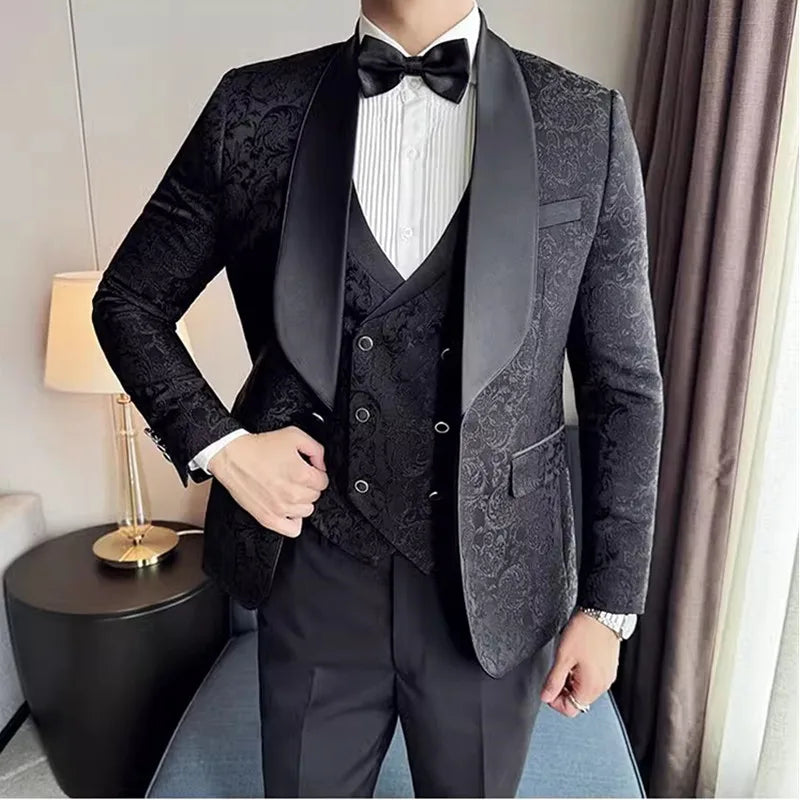 2026 New Men's Apricot Embroidered Suit 3-Piece, Jacquard Fabric Dress Jacket and Vest with Trousers, Branded Clothing