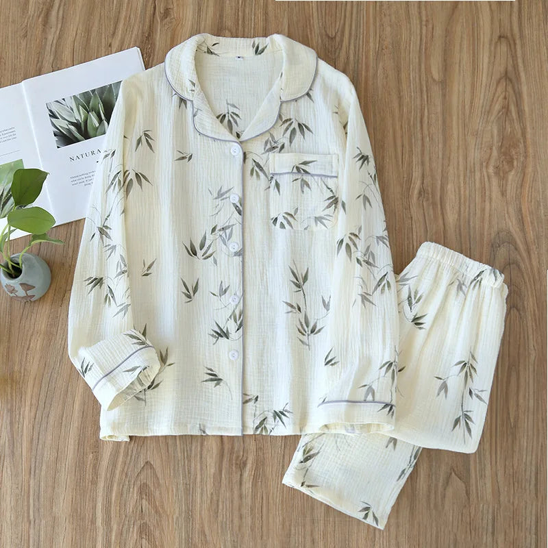 2026 Spring and Autumn Women's Pajama Set 100% Cotton Crepe Long sleeved Pants Two piece Cute and Sweet Ladies Home Fury Set