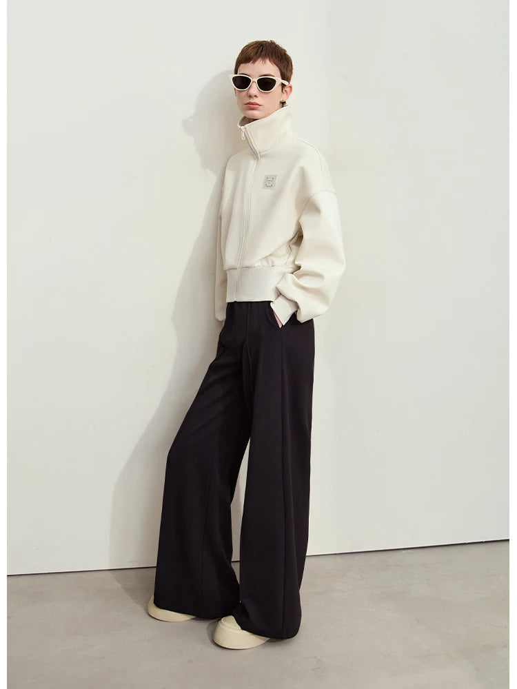 AMII Minimalist Women's Autumn New Casual Pants 2026 New Elastic Waist Letter Embroidery Straight Pleated Pants Female 12443086