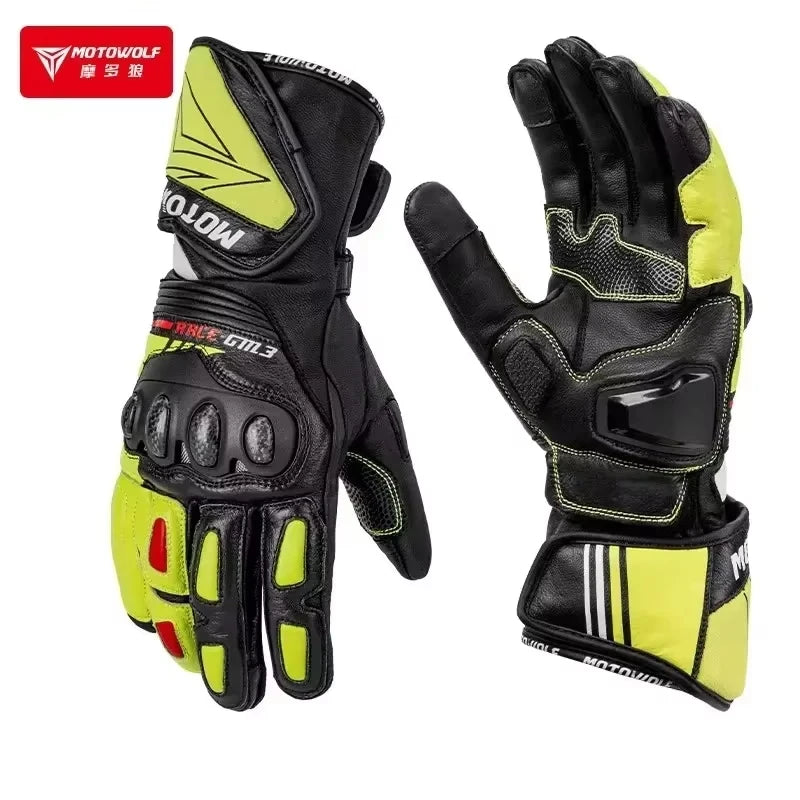 ស្រោមដៃម៉ូតូ Motowolf ស្បែកពិតប្រាកដ GM3 សម្រាប់បុរស ធន់នឹងខ្យល់ អេក្រង់ប៉ះ កំណែវែង សម្រាប់ជិះម៉ូតូ Dirt Bike Motocross Racing