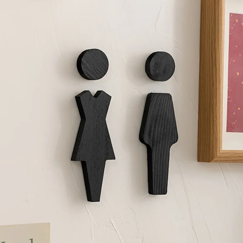 2Pcs Elegant Black Solid Wood Bathroom Sign-Stylish Restroom Decor with Floral Accents,Wall-Mounted for Men'S and Women'S Toilet