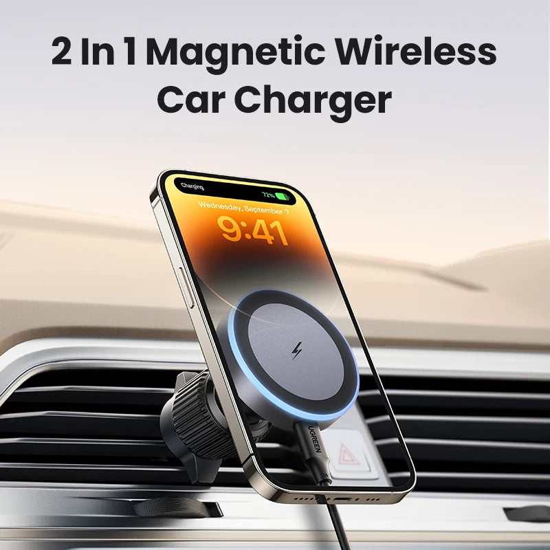 UGREEN 15W Magnetic Car Phone Holder Wireless Charger Stand For iPhone 16 17 Pro Max Charging for Magsafe Car Charger LED Light