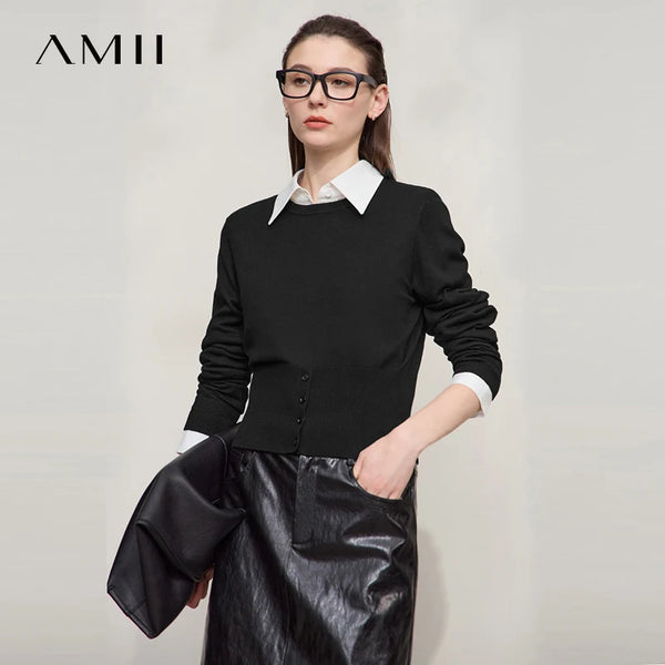 AMII Minimalist Women's Black Sweater 2026 Autumn Simple Commuting O Neck Pullover Long Sleeved Casual Knitted Tops 12523155