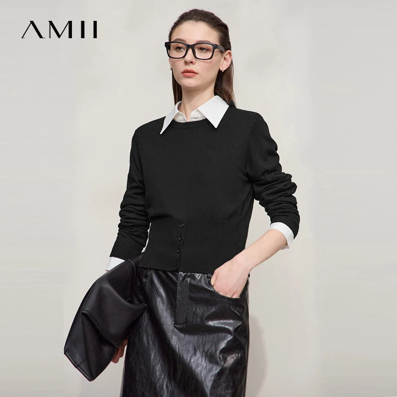 AMII Minimalist Women's Black Sweater 2026 Autumn Simple Commuting O Neck Pullover Long Sleeved Casual Knitted Tops 12523155
