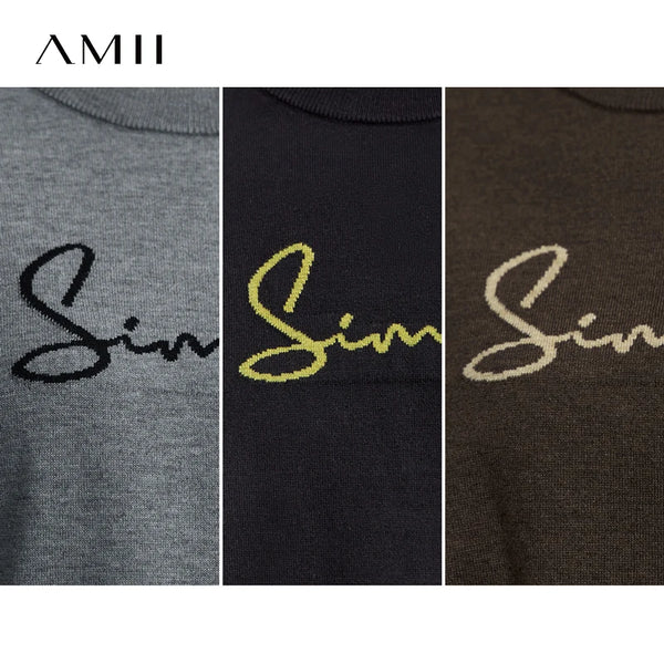 AMII Minimalist Women's Long Sleeve Pullovers 2026 Autumn Fashion Letter Jacquard Straight Tops Casual O-Neck Sweaters 12523052