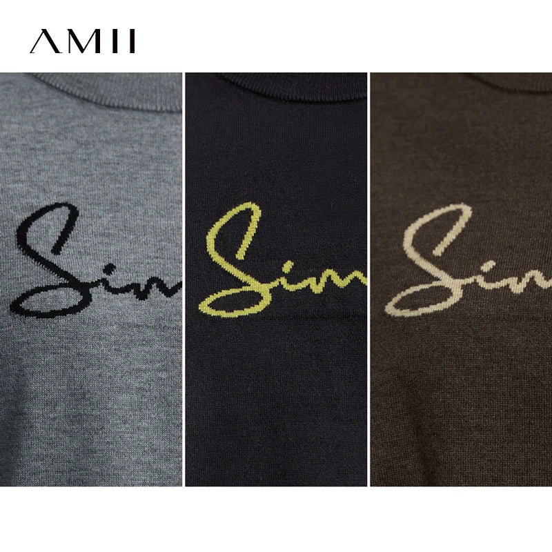 AMII Minimalist Women's Long Sleeve Pullovers 2026 Autumn Fashion Letter Jacquard Straight Tops Casual O-Neck Sweaters 12523052