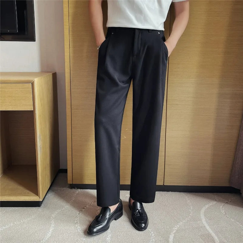 Men's Old Money Style Straight-Leg Trousers – Wrinkle-Resistant Drapey Fabric with Elastic Waist for Summer