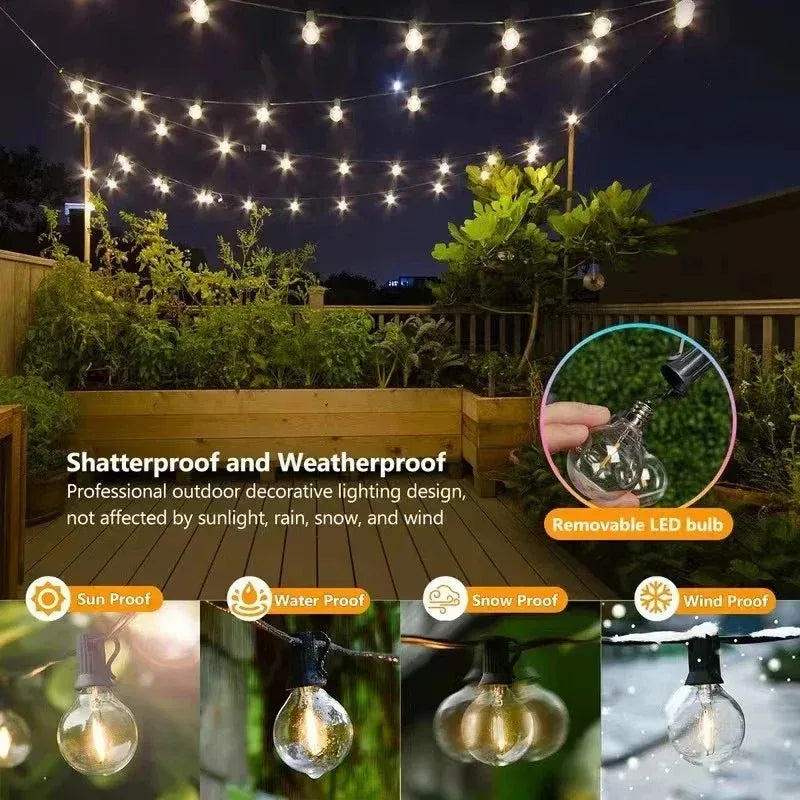 ភ្លើងខ្សែ LED ក្រៅផ្ទះ G40 អំពូលភ្លើង Patio ដែលអាចបន្ថយពន្លឺបាន ភ្លើងខ្សែព្យួរការពារទឹកជ្រាប ជាមួយអំពូលពណ៌សក្តៅ ធន់នឹងការបែក