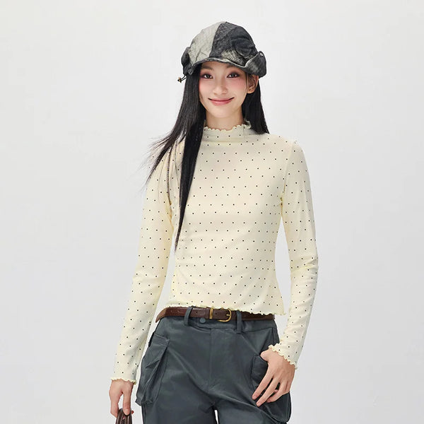 អាវយឺតប៉ាក់ Semir សម្រាប់នារី លំនាំចំណុច Polka Dot Mock Neck Ruffle Edge Thermal Warmth Style Minimal 2026 សម្លៀកបំពាក់រដូវរងាថ្មីប្រចាំថ្ងៃ