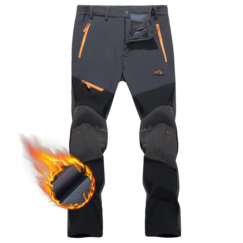 TACVASEN Winter Fleece Pants Mens Waterproof Camping Fishing Hiking Pants Zipper Pocket Reinforce Knee Casual Trousers Male