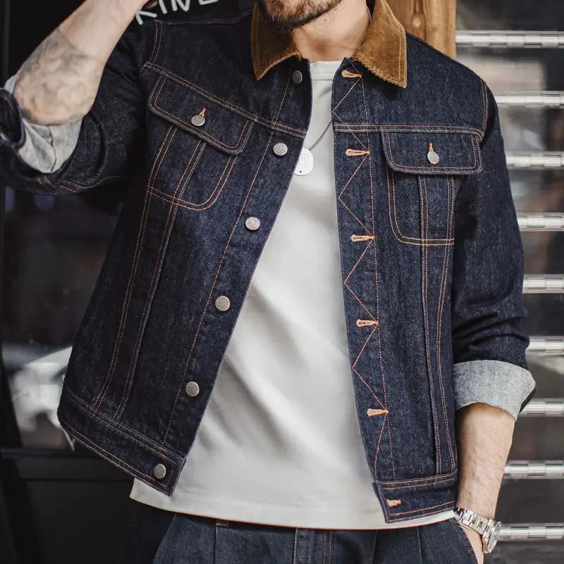 អាវក្រៅ Denim បុរស Maden អាវក្រៅ Corduroy កអាវធំ សមល្មម ខោ Denim បោកគក់ធ្ងន់ អាវក្រៅធ្វើការ រដូវស្លឹកឈើជ្រុះធម្មតា