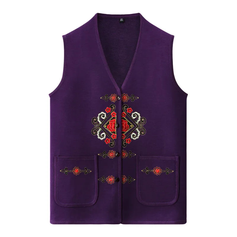 Vintage Printed Vests For Women Knit Tops Spring Autumn Middle Aged Mother Sweater Jacket Sleeveless Grandma Waistcoat XL-4XL