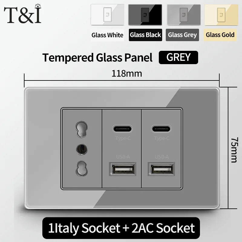 T&I Wall Switch Sockets With USB TypeC  Fast Charging, Italy Socket , Chile Schuko Outlet, Tempered Glass Panel for Home