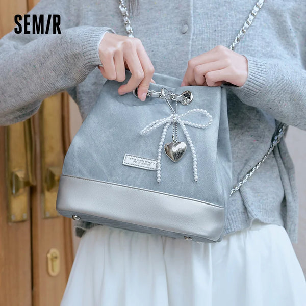 Semir Backpack Women 2025 New Style Stylish Color-blocking Imitation Denim Bucket Bag Bowknot Chain Bag Popular