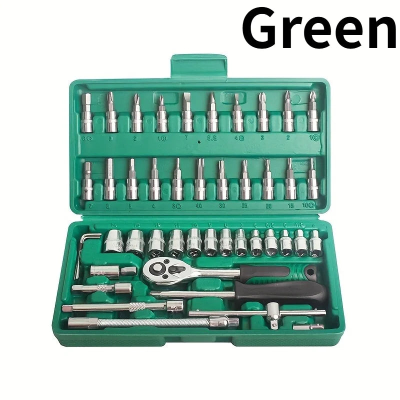 46pcs Toolbox for Car Repair Tool Kit - Including Metric Ratchet, Socket, Wrench Kit For Automotive And Mechanical Repairs.