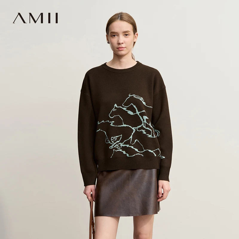 Amii Women's Sweater 2025 Winter New Crew Neck Women's Long Sleeve Top Casual Jacquard Knitwear Loose Versatile Top 12544178