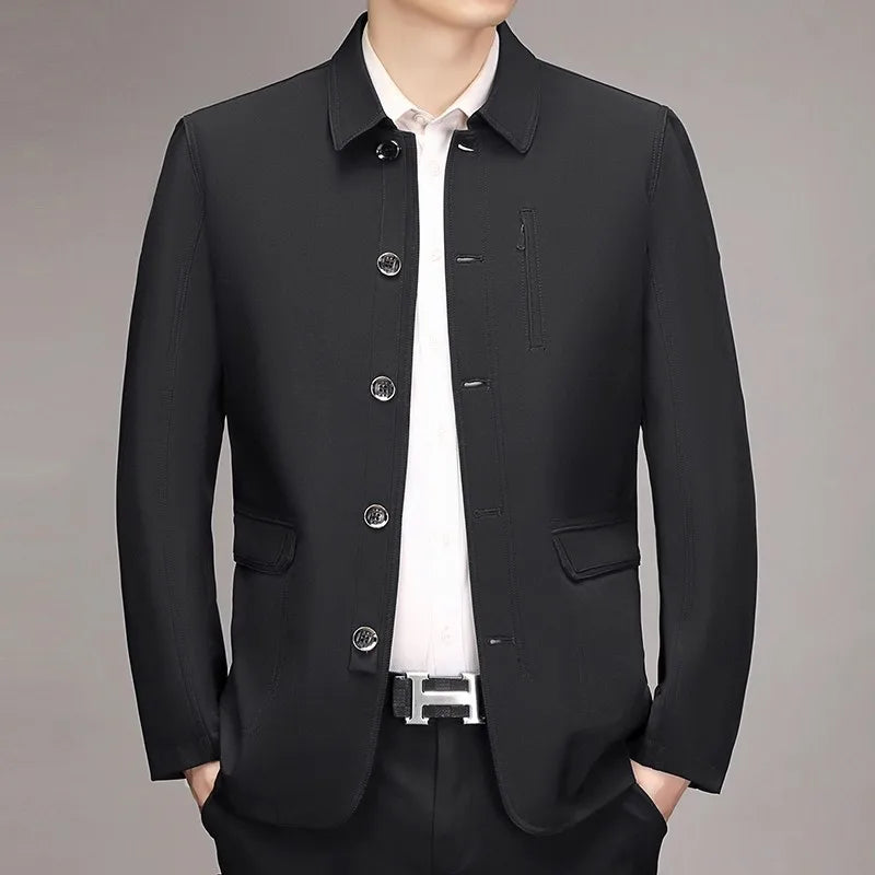 2026 New Men's Red Long-sleeve Collared Jacket, Black Single-breasted Casual Coat, Navy and Khaki Tops.