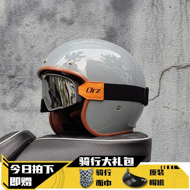 ORZ-060 Vintage 3/4 Jet Motorcycle Helmet Retro Open‑Face Half Helmet,Classic Chopper Scooter Riding Helmet Casque Moto
