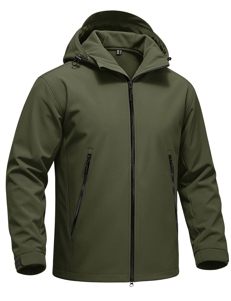 TACVASEN Autumn And Winter Men's Softshell Hooded Waterproof Fleece Lightweight Jacket Windproof Coat With 2 Pockets For Hiking