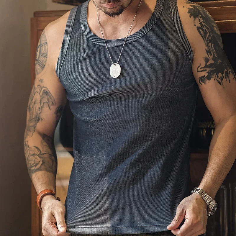 Maden Casual Men's Sleeveless Tank Tops Heavyweight Solid Color Ribbed Vest for Summer Slim Fit Sports Fitness Training T-shirt