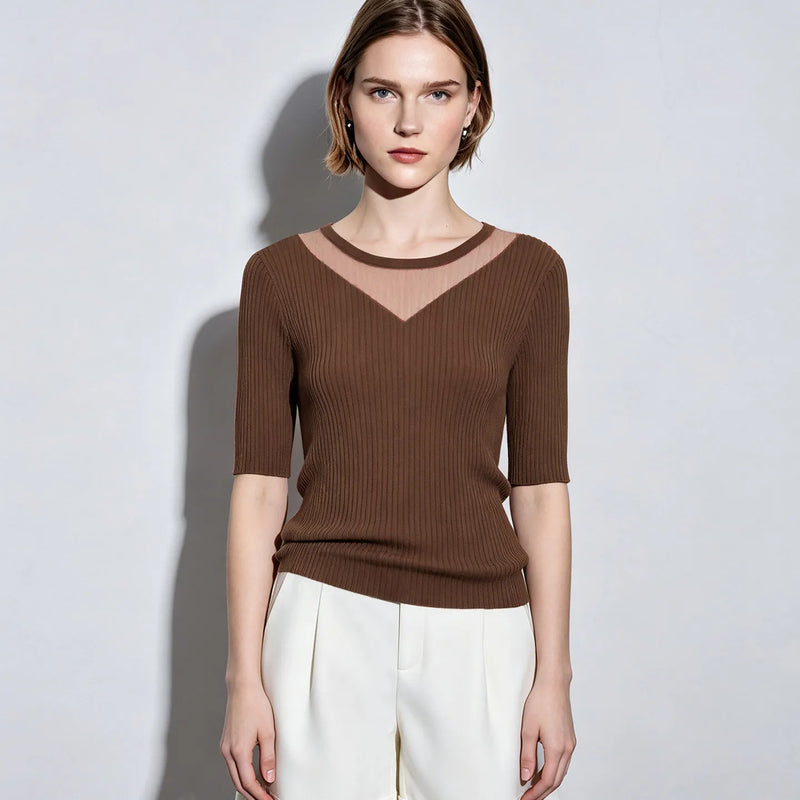 Amii Women Soild Knit Pullover Round Neck Sheer Mesh V Panel Top Short Sleeve Slim Fit Casual Sweater 2026 Summer New 12642218