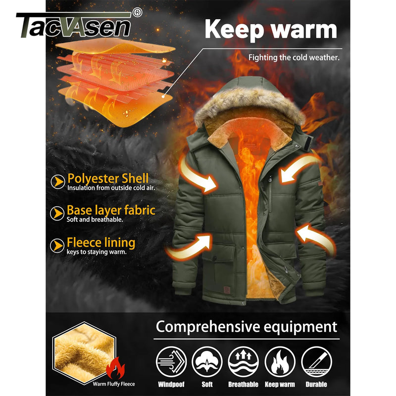 TACVASEN Winter Fleece Jackets Mens Thermal Warm Hooded Coats Removable Hood Hiking Work Jackets Parka Windbreaker Outwear